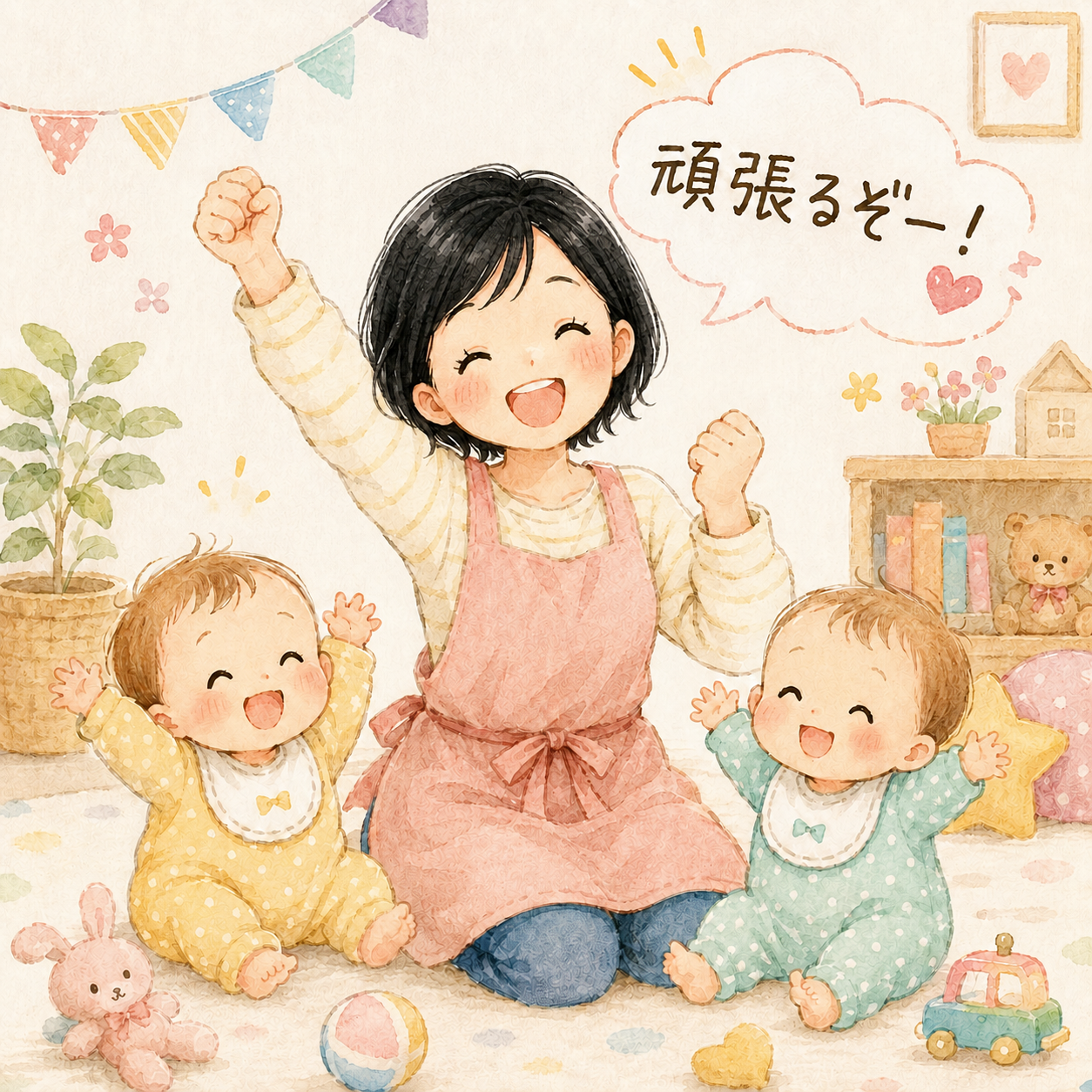 ママと双子の赤ちゃんが「頑張るぞー！」と笑顔で拳を上げているイラスト