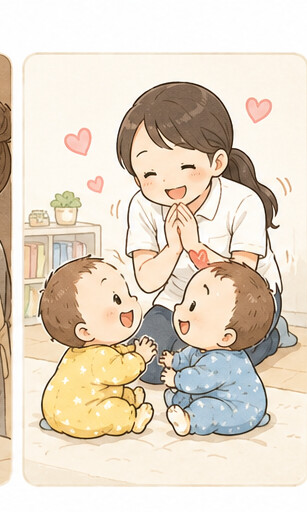 「かわいい〜!」と声をかけてもらい、ニコニコ笑顔の双子