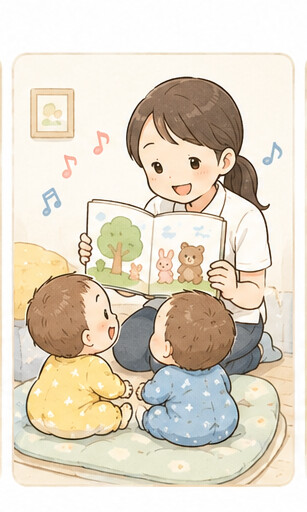 絵本を読んでもらう双子