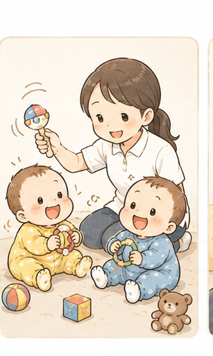 おもちゃで遊んでもらう双子