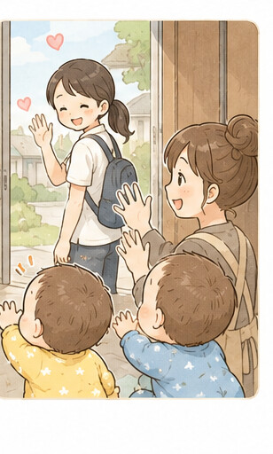 お見送り——また来てね、と手を振る様子