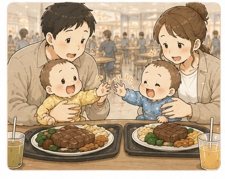 フードコートでステーキを食べる家族——双子もニコニコ