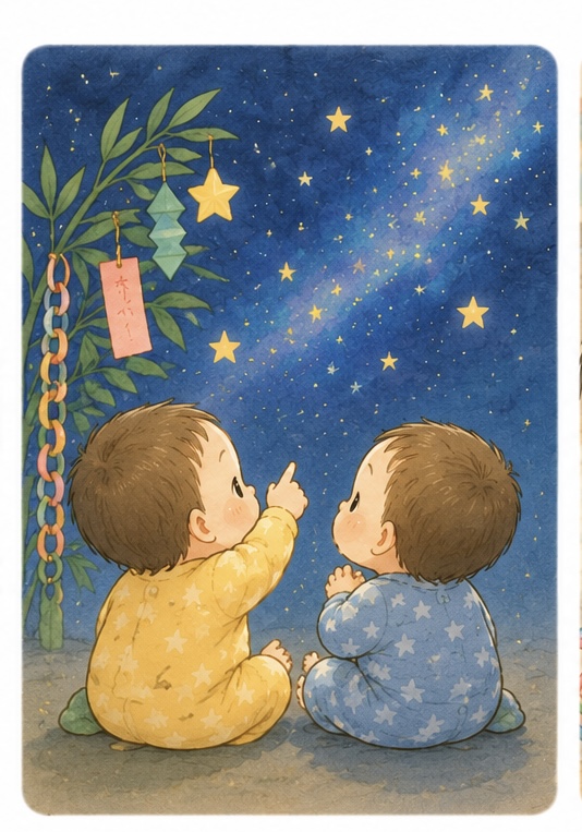 七夕の夜空を見上げる双子