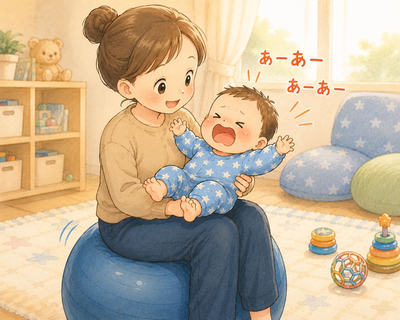 バランスボールで寝かしつけ中の「あーあーあーあー」