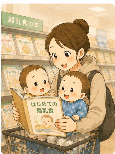 離乳食の本を選ぶママと双子