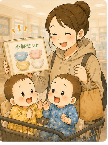 小鉢セットを買って喜ぶママと双子