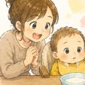 双子、初めての離乳食