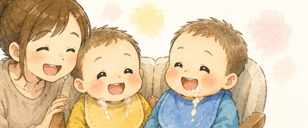 おかゆまみれで笑う双子とママ