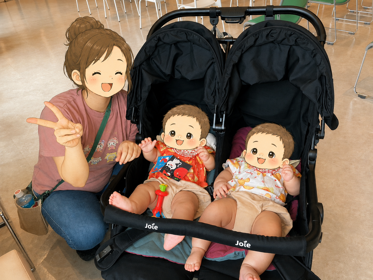 久しぶりの双子用ベビーカーで並ぶ双子