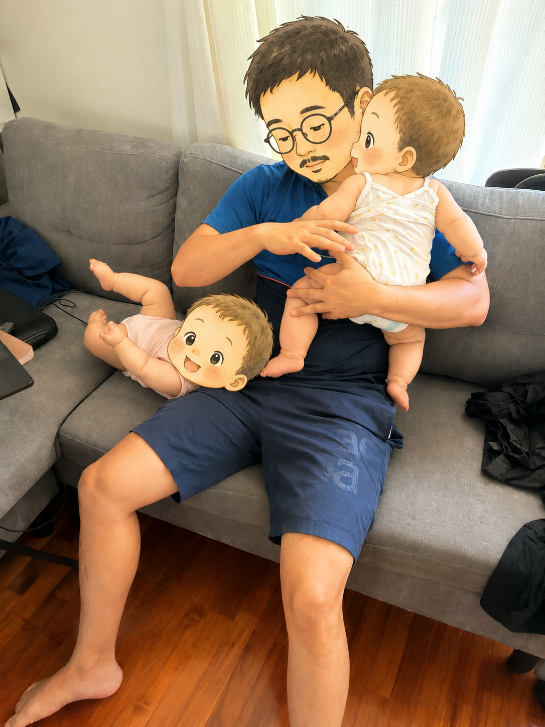 ソファで双子を両腕に抱えるパパ