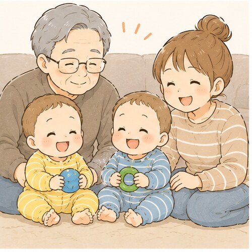 じいじ・ママ・双子の笑顔