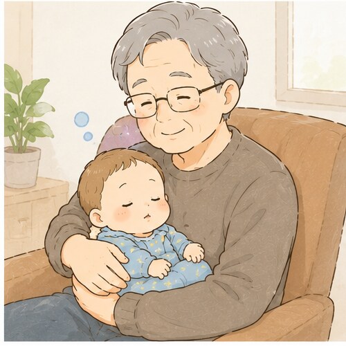 じいじに抱っこされてすやすや眠る赤ちゃん