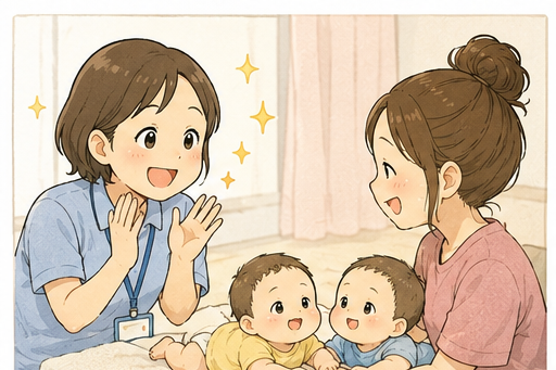 訪問看護で寝返りを褒めてもらう双子