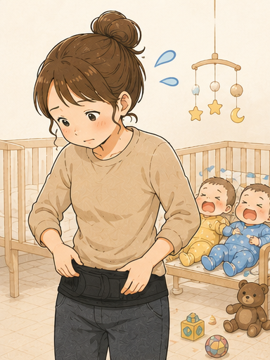 骨盤ベルトを付けながら泣く双子に慌てるママ