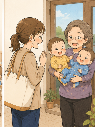 義実家に双子を預けて出かけるママ