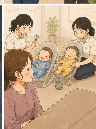 スタッフさんにバウンサーの双子をあやしてもらい、安心して見守るママ