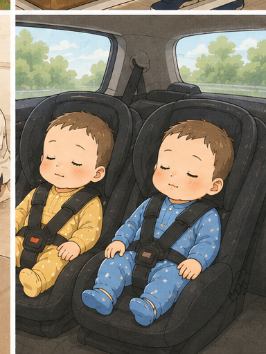 帰り道、車でぐっすり眠る双子