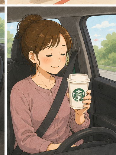 ドライブスルーでコーヒーを手に、自分時間を楽しむママ