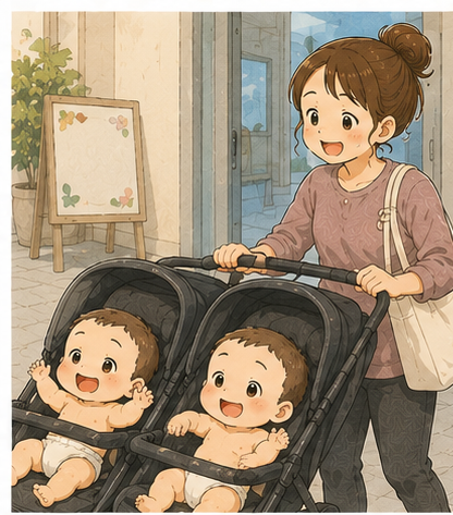 双子をベビーカーに乗せて教室へ向かうママ