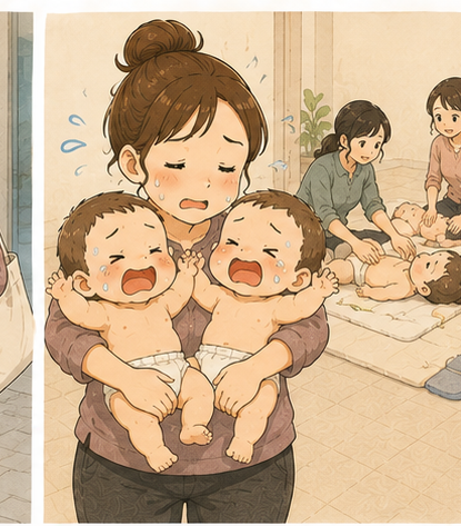 4ヶ月のとき、泣く双子を抱えたまま教室を見守るママ