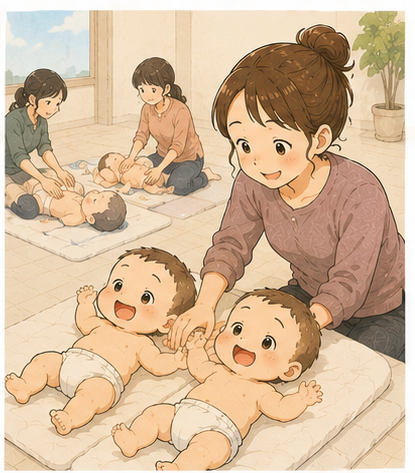 双子のご機嫌な姿を見ながらマッサージを始めるママ