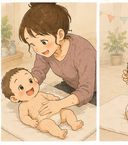 気持ちよさそうに声を出す赤ちゃんと、優しく触れるママ