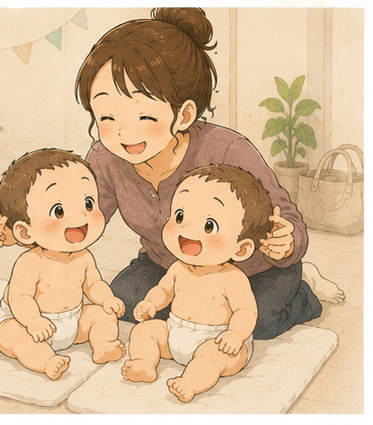 双子と並んで笑顔のママ。今日の宝物のひとこま