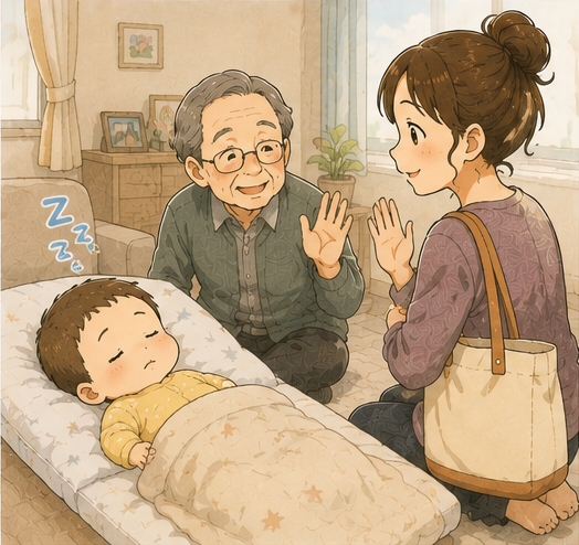 お兄ちゃんをおじいちゃんに預けて、弟くんと出かけるママ