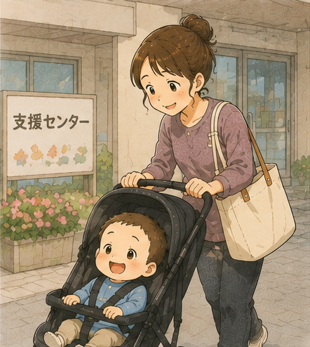 弟くんをベビーカーに乗せて、支援センターへ向かうママ