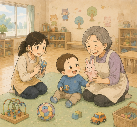 先生2人に囲まれて、おもちゃで遊ぶ弟くん