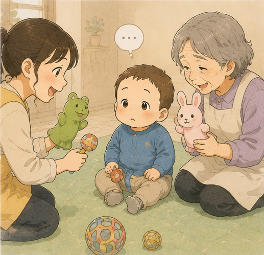 先生があやしても、ポカンとした表情の弟くん