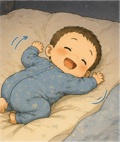 寝ながらもくるりん。笑顔で寝返り返りする弟くん
