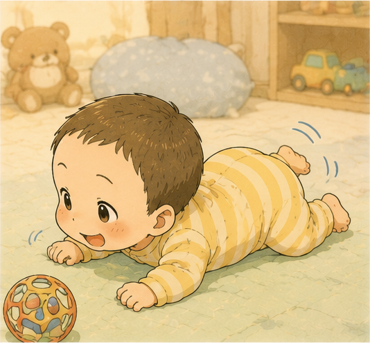 おもちゃを見つめて、おしりフリフリ特訓中のお兄ちゃん