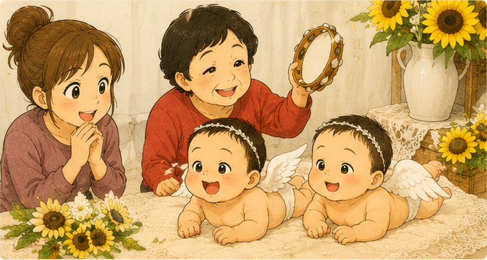 ひまわりのスタジオで、天使の羽をつけた双子を見守るママとばぁば