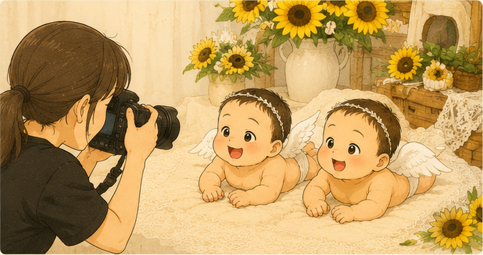 ひまわりに囲まれて、プロに撮ってもらう双子