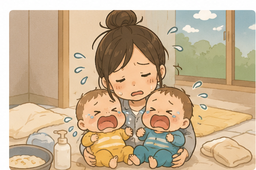 泣き止まない双子を抱えて、精一杯のママ