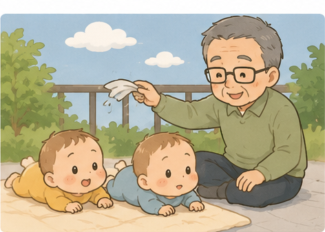 じぃじが庭で双子の気を引いてくれる様子