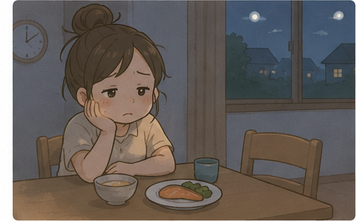 夜、ひとりで夕飯を食べる疲れたママ