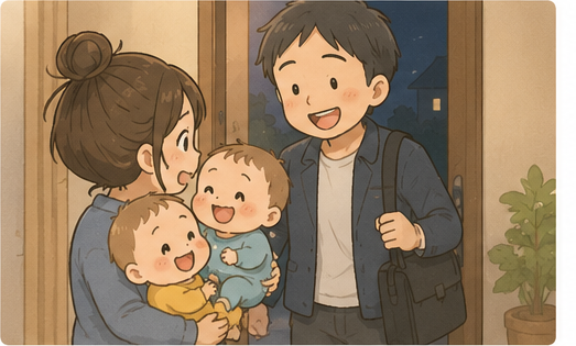 出張から帰ってきたパパを迎える家族