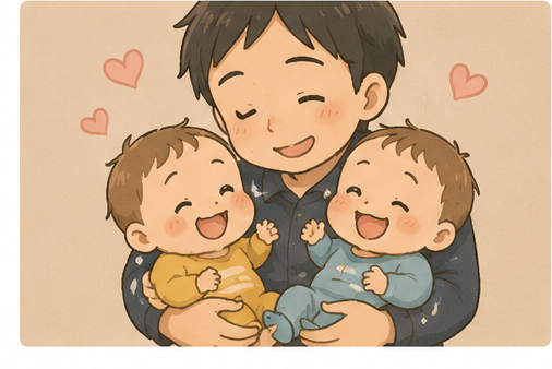パパと双子の再会。いっぱいの笑顔
