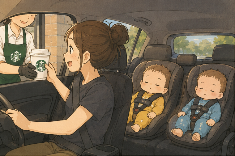 スタバのドライブスルーで、眠る双子を乗せたままコーヒーをもらうママ