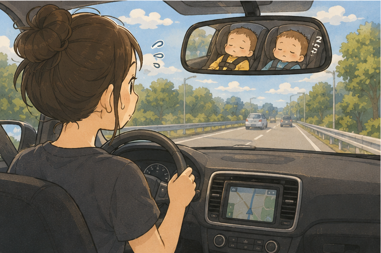 眠る双子をバックミラーで確認しながら、高速道路を走るママ