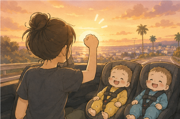 夕焼けの車内でガッツポーズ。笑顔の双子と「やり切った!」のママ