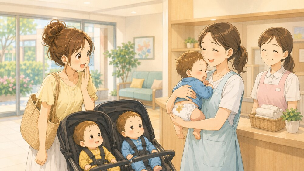 受付でスタッフさんに双子をお願いするママ