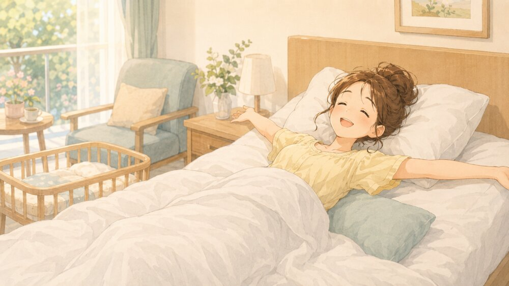 お部屋で一人になり、ベッドで大の字になるママ