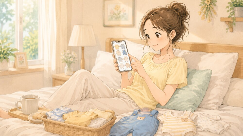 ベッドでスマホを見ながら双子の洋服を物色するママ
