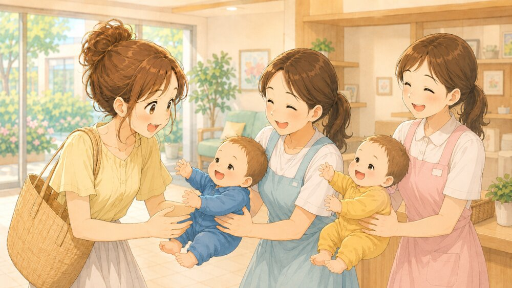スタッフさんから双子を受け取る再会のシーン