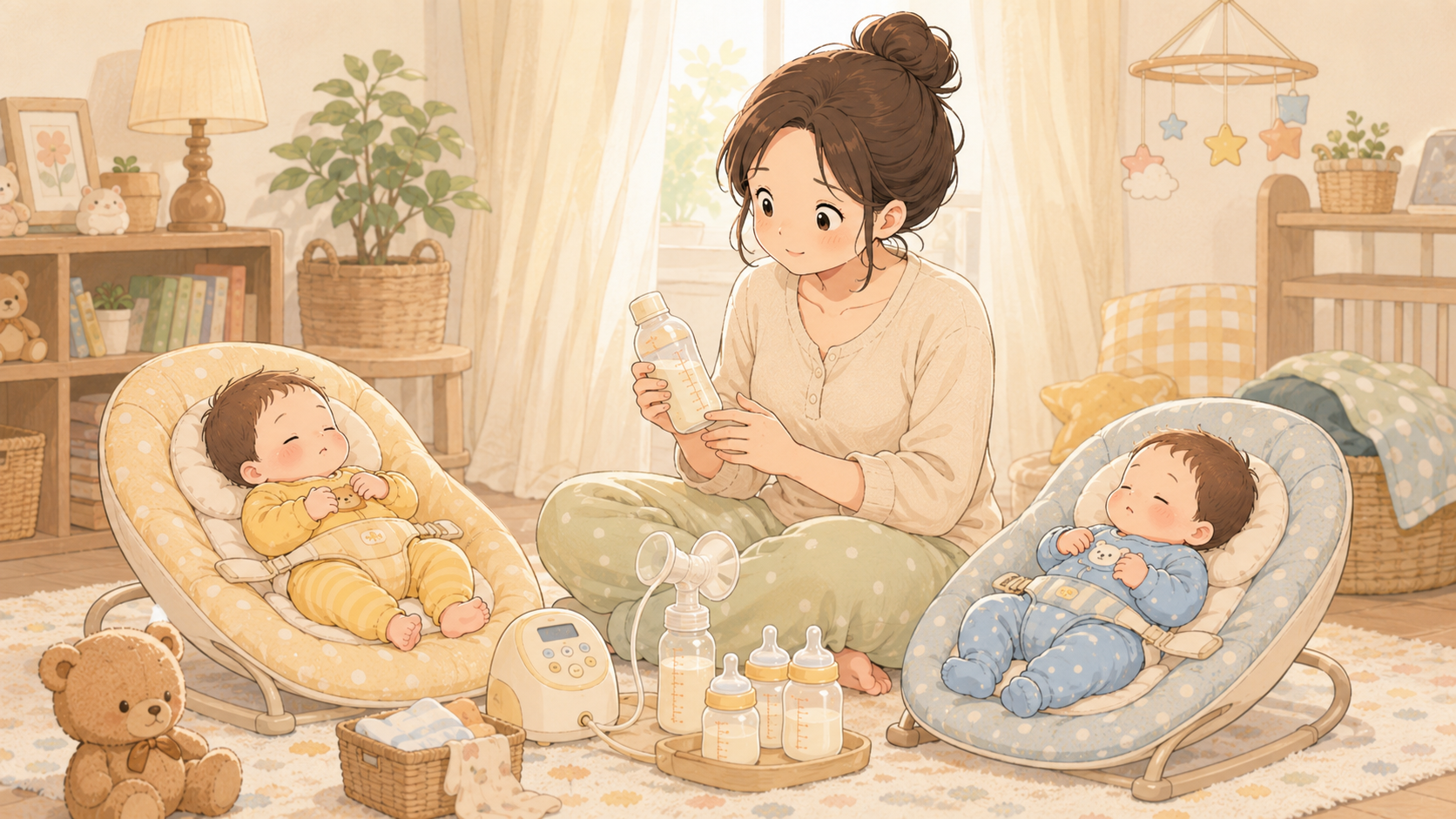 双子を見守りながら搾乳とミルクの準備をするママ