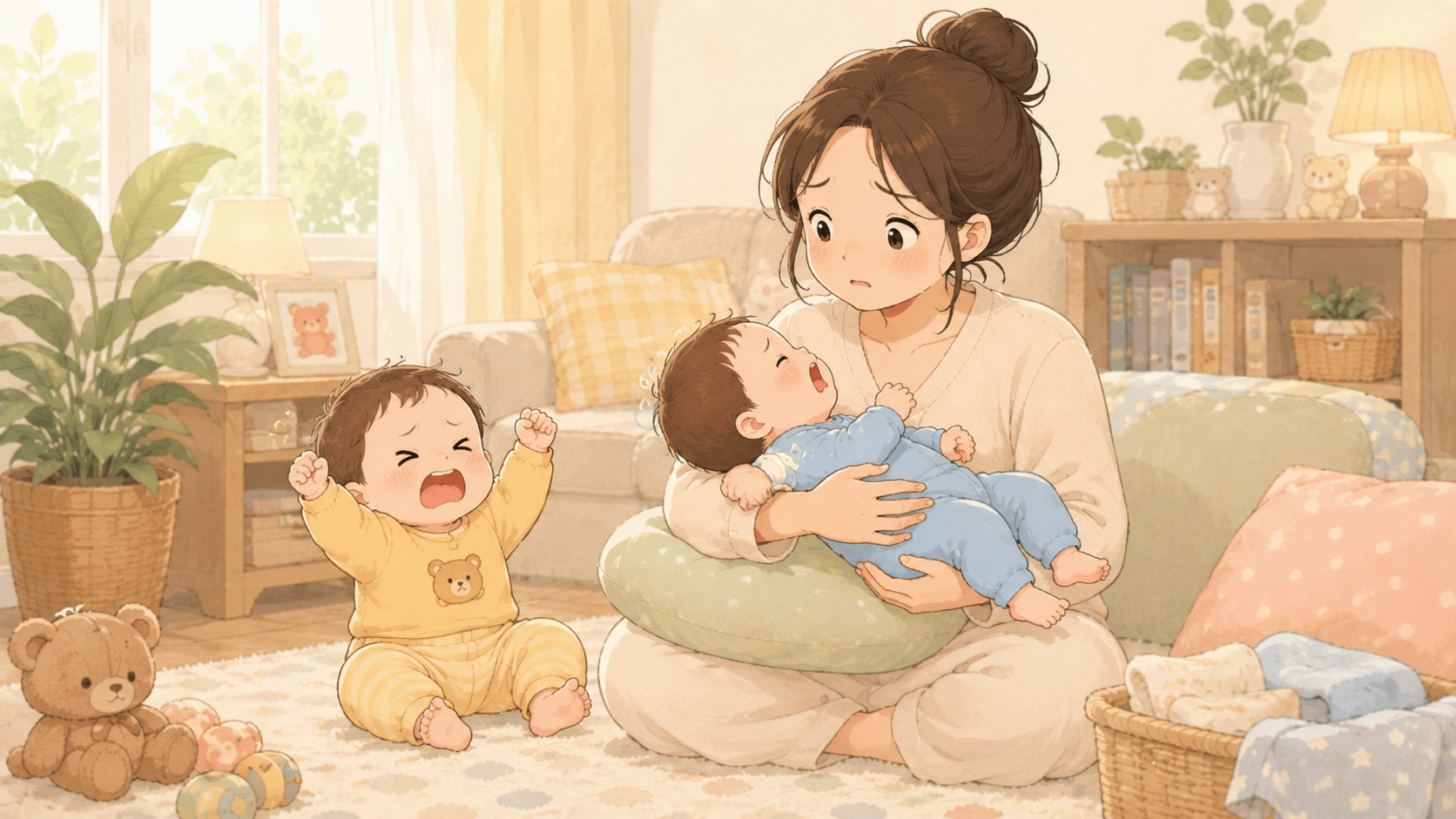 双子を抱えながら、少し寂しい気持ちを抱くママ