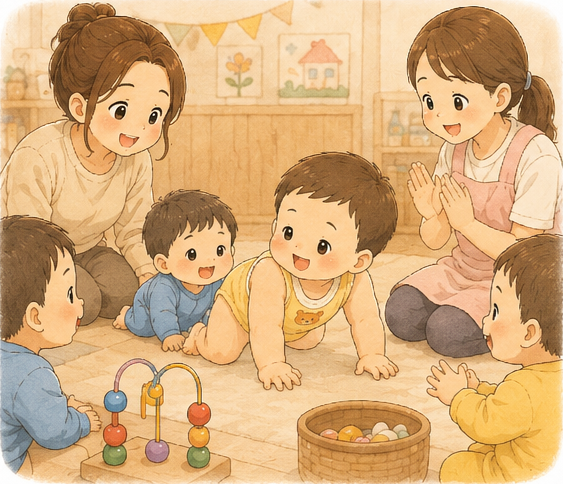 支援センターでお兄ちゃんの挑戦を見守る先生とママ